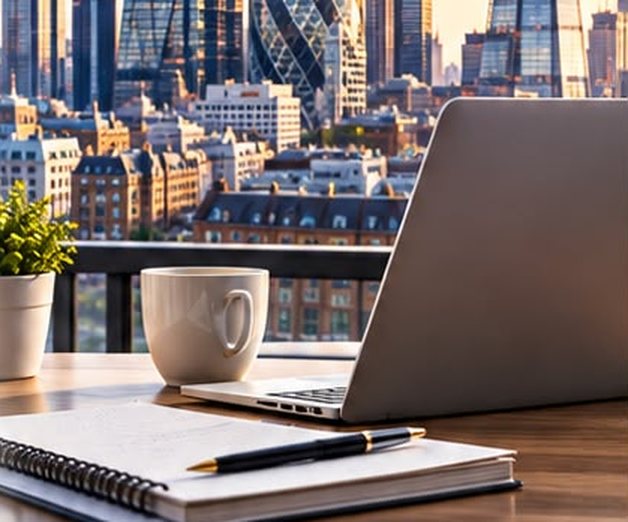 Laptop, notebook and pen on a desk overlooking the London skyline